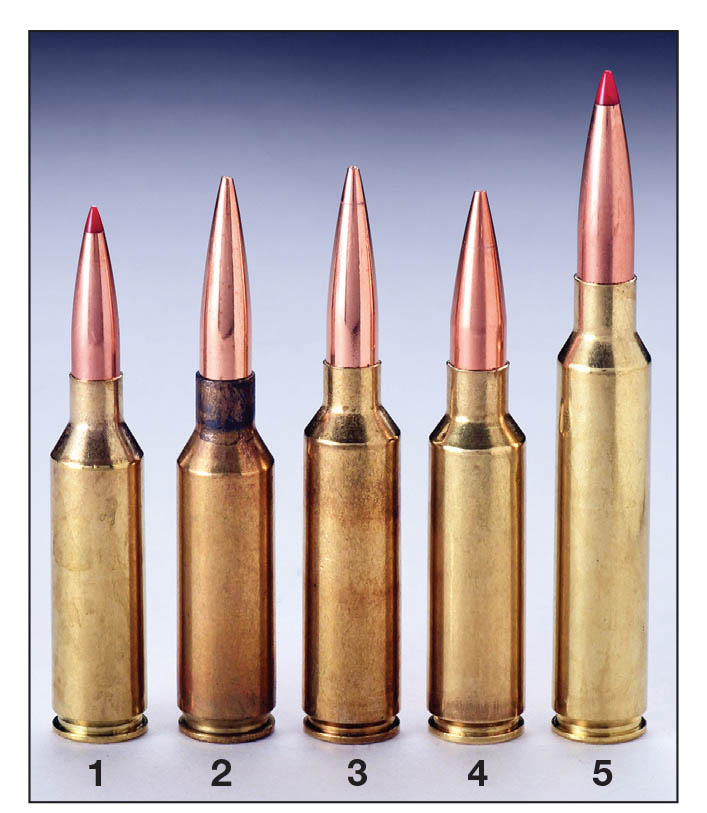 Handloaders have long been using heavy bullets seated out to win matches and set records with the center three cartridges almost since they were introduced years ago. Cartridges include the (1) 6.5 PRC, (2) 7mm SAUM, (3) 7mm WSM, (4) .300 WSM and (5) .300 PRC. While the center three require custom chambers, 6.5 PRC and .300 PRC rifles are available off-the-shelf with long-throated chambers.